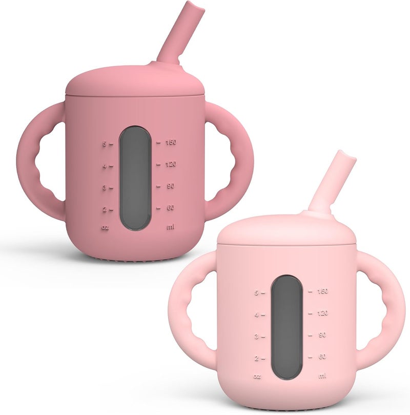 Seposeve 2 Pack Silicone Sippy Cups, Leak-Proof Baby Straw Cup for 6-12 Months, Spill Proof Toddler Cup with Straw 1-3 Years, with Capacity Marking, Non-slip Handle, Flow Control, 6 oz, Purple Pink - Image 1